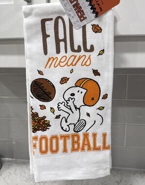 Set 2 Snoopy Peanuts FALL MEANS FOOTBALL Leaves Cotton Kitchen Towels NEW 2026